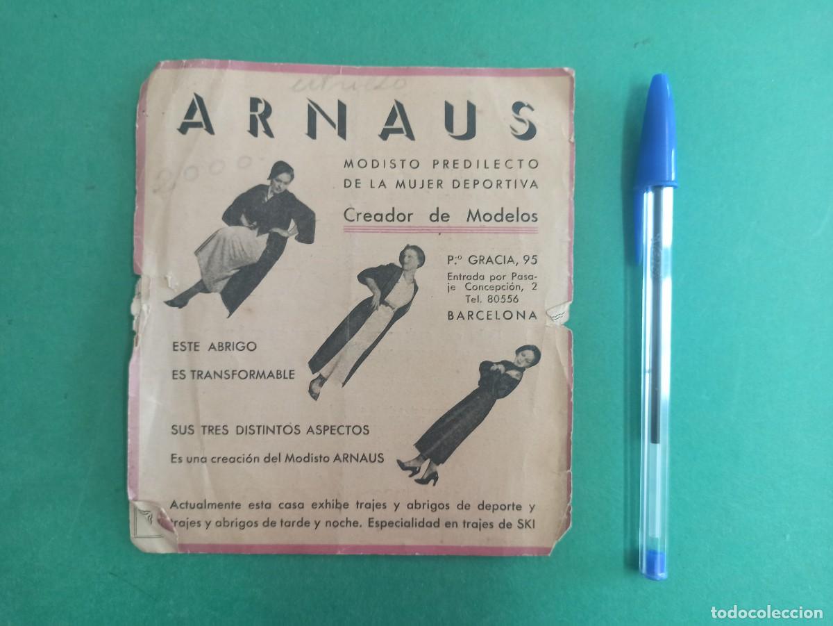 Cat&aacute;logos publicitarios: Antiguo documento publicitario Arnaus. Modisto. Trajes y abrigos de deporte. Publicidad
