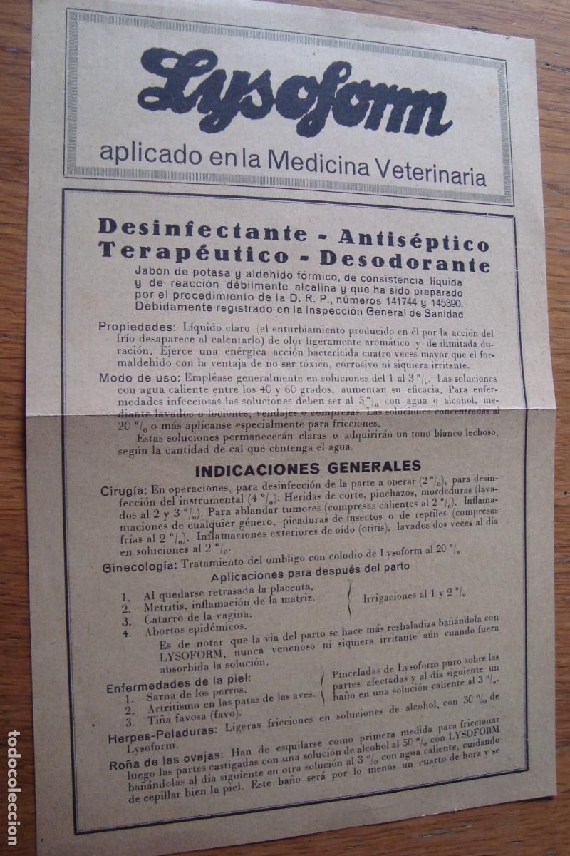 Advertising Catalogs: ANTIGUA HOJA POSOLOGIA LYSOFORM MEDICINA VETERINARIA. ROBERTO TESCHENDORFF LABORATORIO VALENCIA