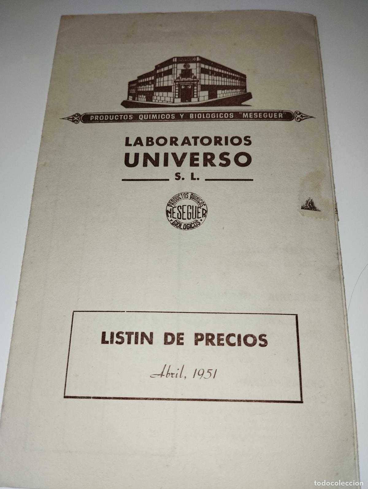 Cat&aacute;logos publicitarios: CAT&Aacute;LOGO DE FARMACIA LABORATORIOS UNIVERSO MESEGUER LISTA DE PRECIOS // A&Ntilde;OS 50