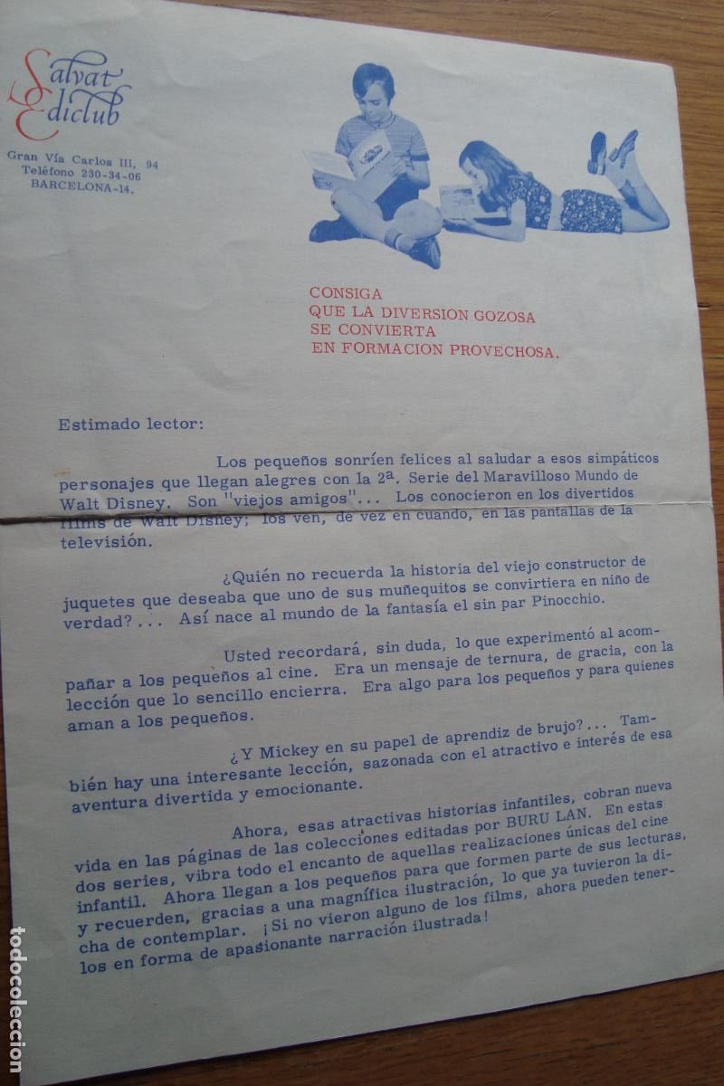 Cat&aacute;logos publicit&aacute;rios: ANTIGUO FOLLETO SALVAT EDICLUB WALT DISNEY BARCELONA
