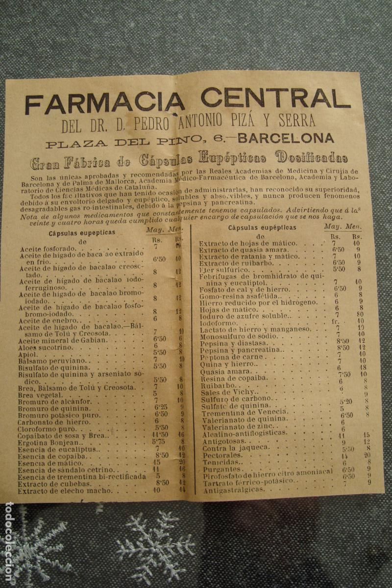 Cataloghi pubblicitari: ANTIGUA PUBLICIDAD FARMACIA CENTRAL DR. PEDRO ANTONIO PIZ&Aacute; Y SERRA. BARCELONA 1887