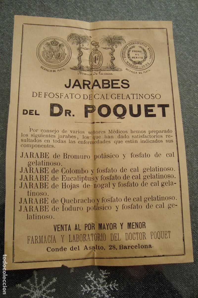 Cataloghi pubblicitari: ANTIGUA PUBLICIDAD JARABES DR.POQUET BARCELONA-MEDICAMENTOS DR.PEDRO ANTONIO PIZA. XIX