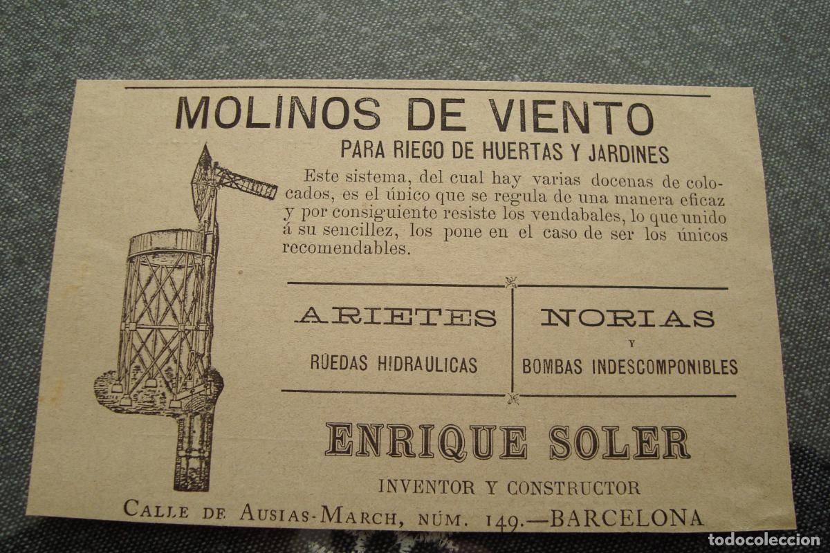 Advertising Catalogs: ANTIGUA PUBLICIDAD MOLINOS DE VIENTO ARIETES NORIAS. ENRIQUE SOLER INVENTOR. BARCELONA 1887