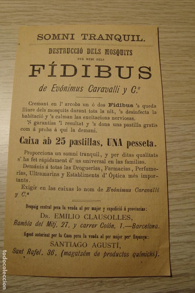 Advertising Catalogs: ANTIGUA PUBLICIDAD FIDIBUS EVONIMUS CARAVALLI Y CIA. DR. EMILIO CLAUSOLLES. BARCELONA XIX. CAN SOLER