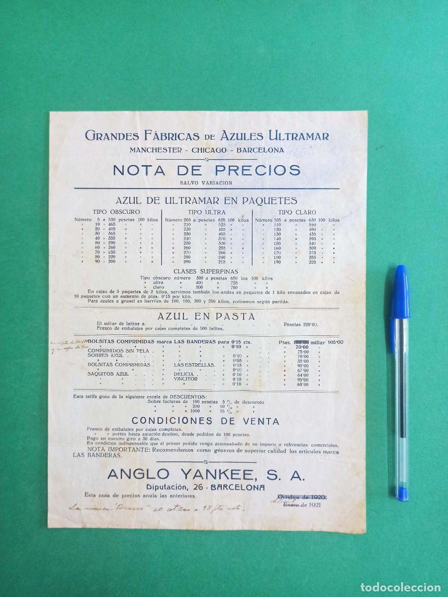 Cat&aacute;logos publicitarios: Antigua publicidad de Fabricas de Azules Ultramar. 1921. Nota de precios.