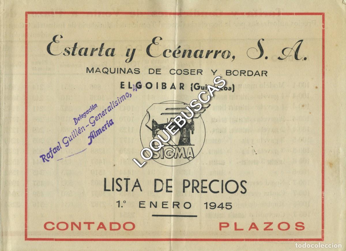Catalogues publicitaires: Folleto m&aacute;quina de coser Sigma. A&ntilde;o 1945. Delegaci&oacute;n de Almer&iacute;a, lista de precios.