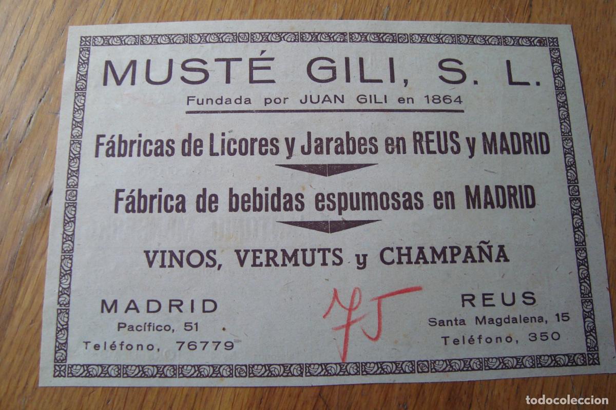 Cat&aacute;logos publicitarios: ANTIGUA PUBLICIDAD MUSTE GILI S.L FABRICA LICORES REUS-PABLO RICOMA CORNETAS TAMBORES TARRAGONA 1940