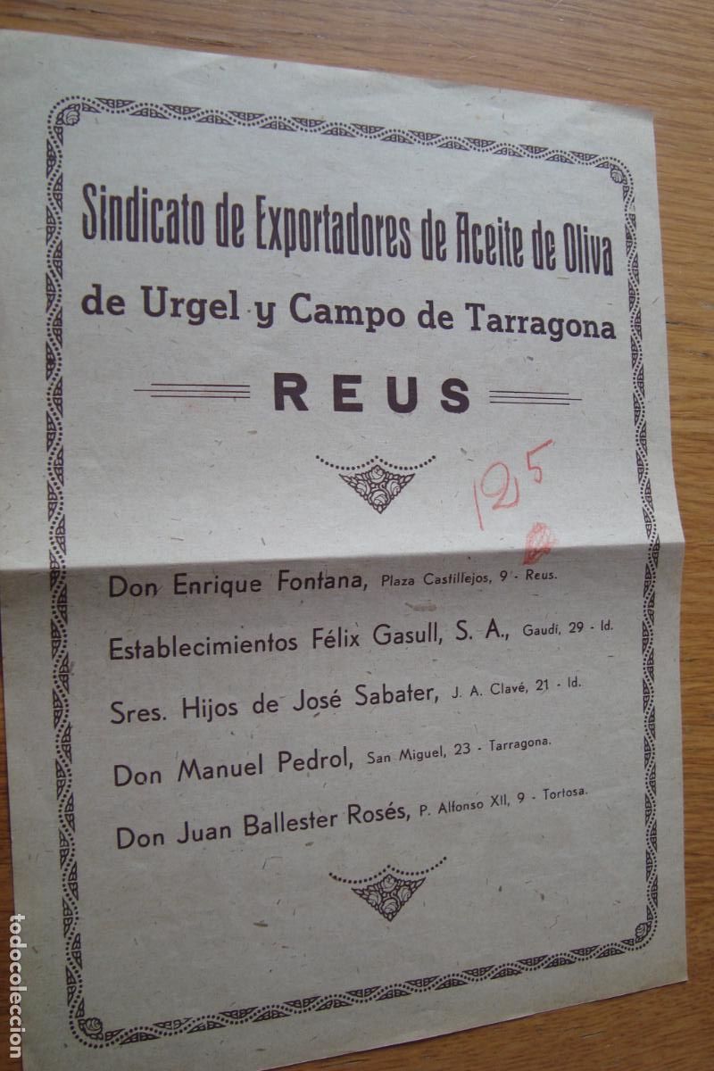 Cat&aacute;logos publicitarios: ANTIGUA PUBLICIDAD SINDICATO EXPORTADORES ACEITE OLIVA REUS - CASA MALE SASTRERIA TARRAGONA 1940