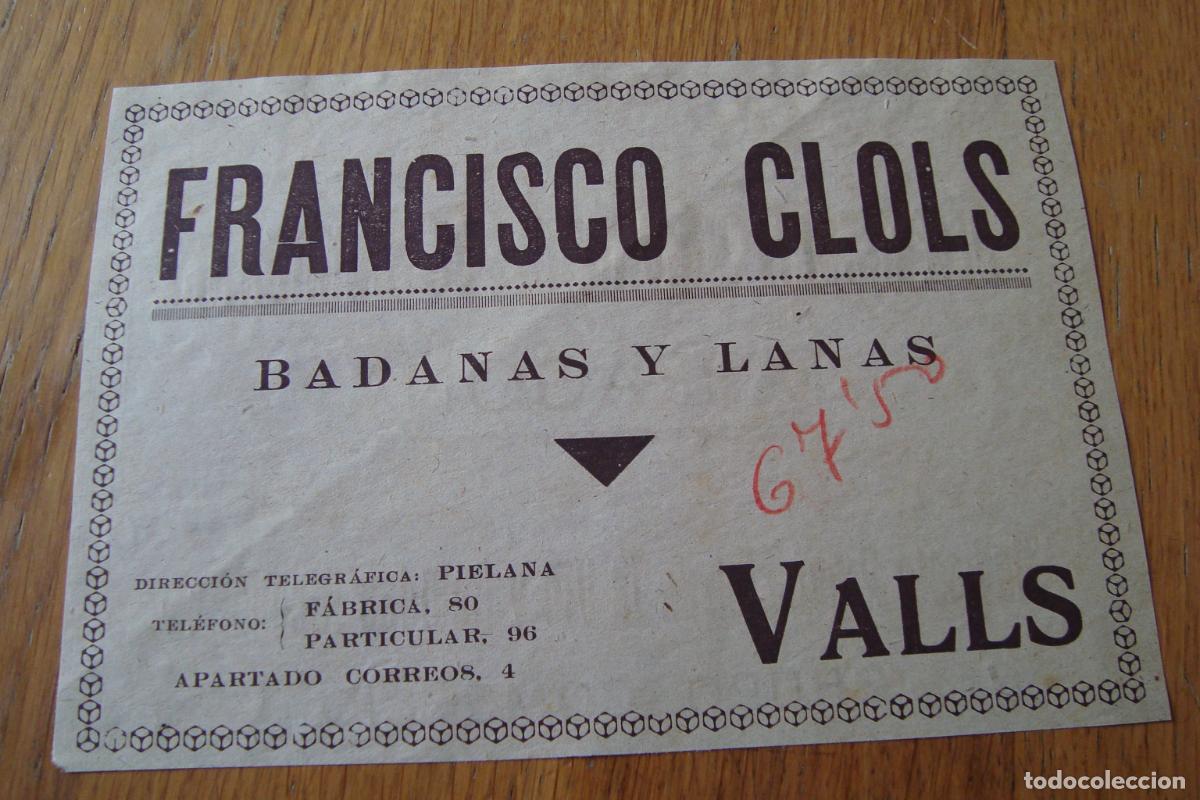 Cat&aacute;logos publicitarios: ANTIGUA PUBLICIDAD FRANCISCO CLOLS. BADANAS Y LANAS. VALLS TARRAGONA 1940