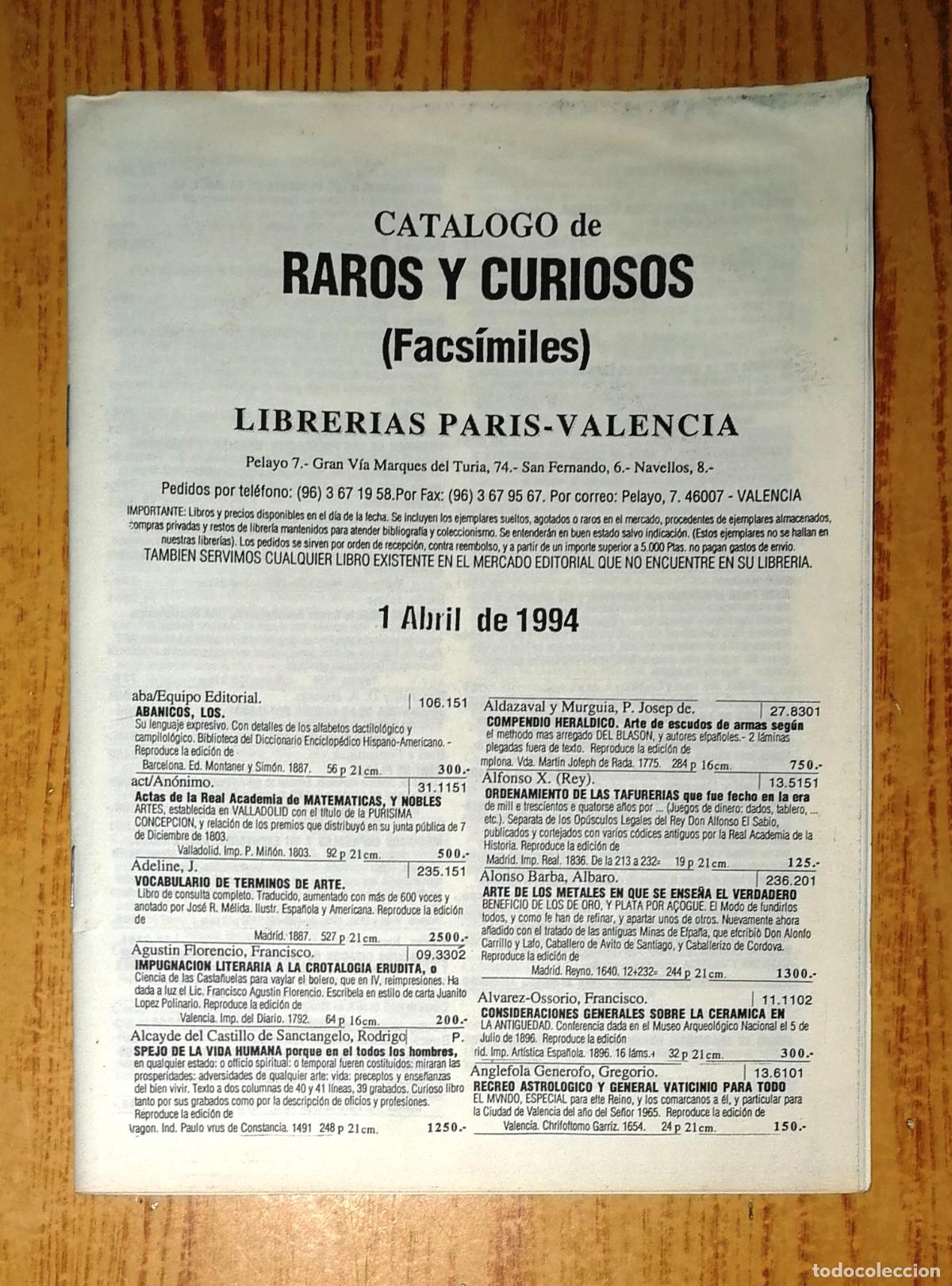 Werbekataloge: CAT&Aacute;LOGO DE RAROS Y CURIOSOS (FACS&Iacute;MILES). 1 abril 1994. - Librer&iacute;as Par&iacute;s-Valencia