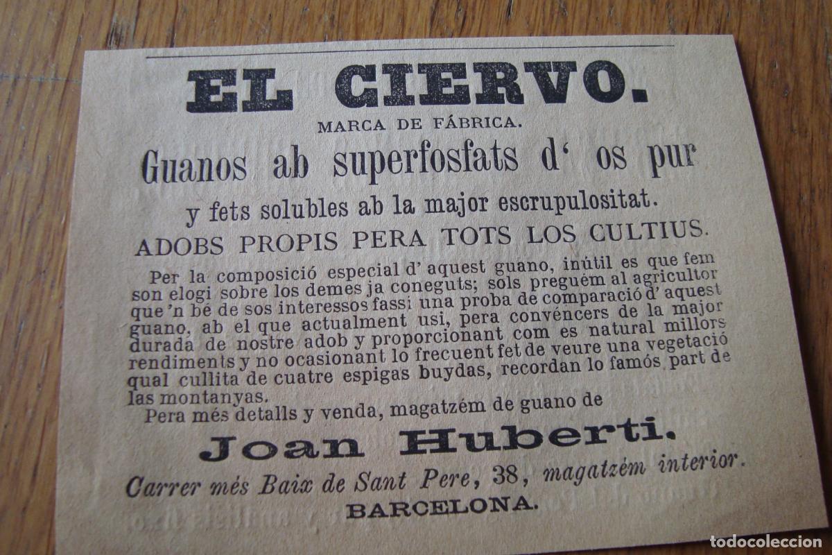 Cat&aacute;logos publicitarios: ANTIGUA PUBLICIDAD EL CUERVO. FABRICA DE GUANOS. JOAN HUBERTI BARCELONA FINALES XIX