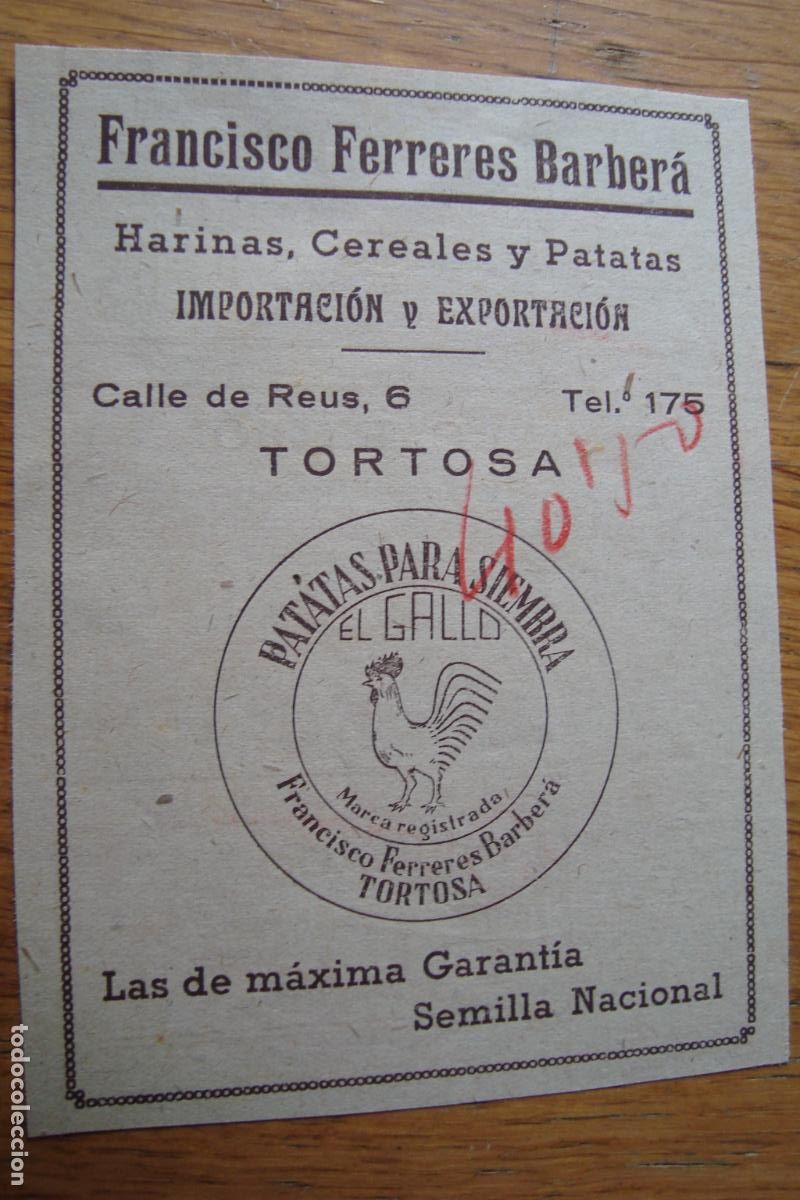 Cat&aacute;logos publicitarios: ANTIGUA PUBLICIDAD FRANCISCO FERRERES BARBERA. HARINAS CEREALES PATATAS EL GALLO. TORTOSA 1940