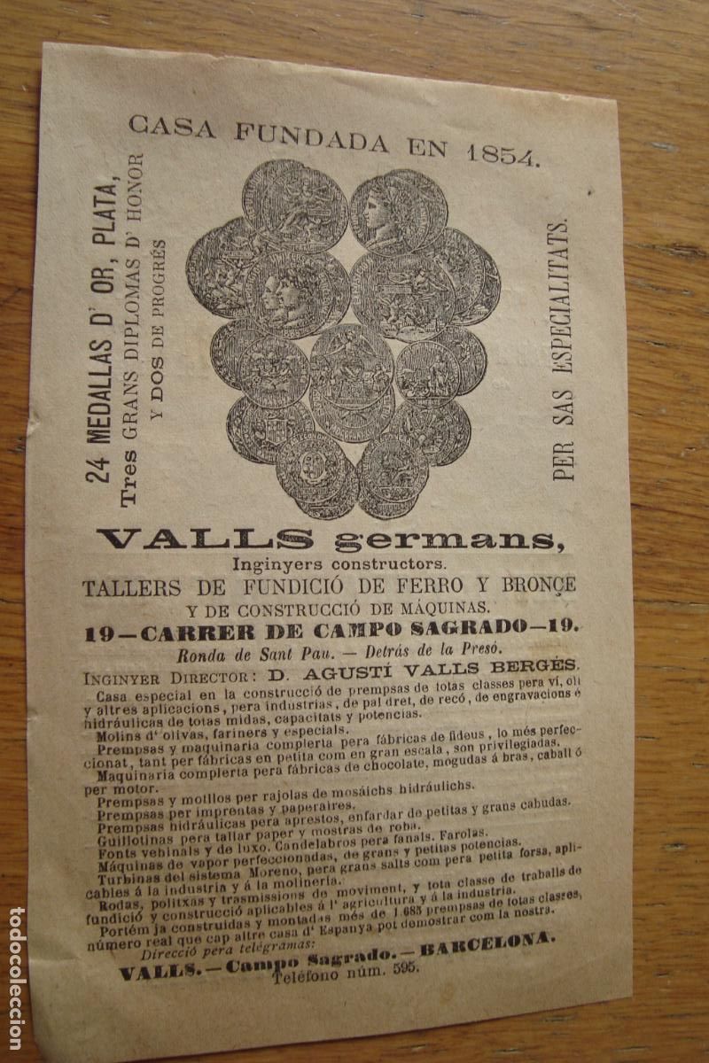 Cataloghi pubblicitari: ANTIGUA PUBLICIDAD GERMANS AGUSTI VALLS BERGES CONSTRUCCION-VILA CORONAS FUNEBRES TAPINERIA XIX