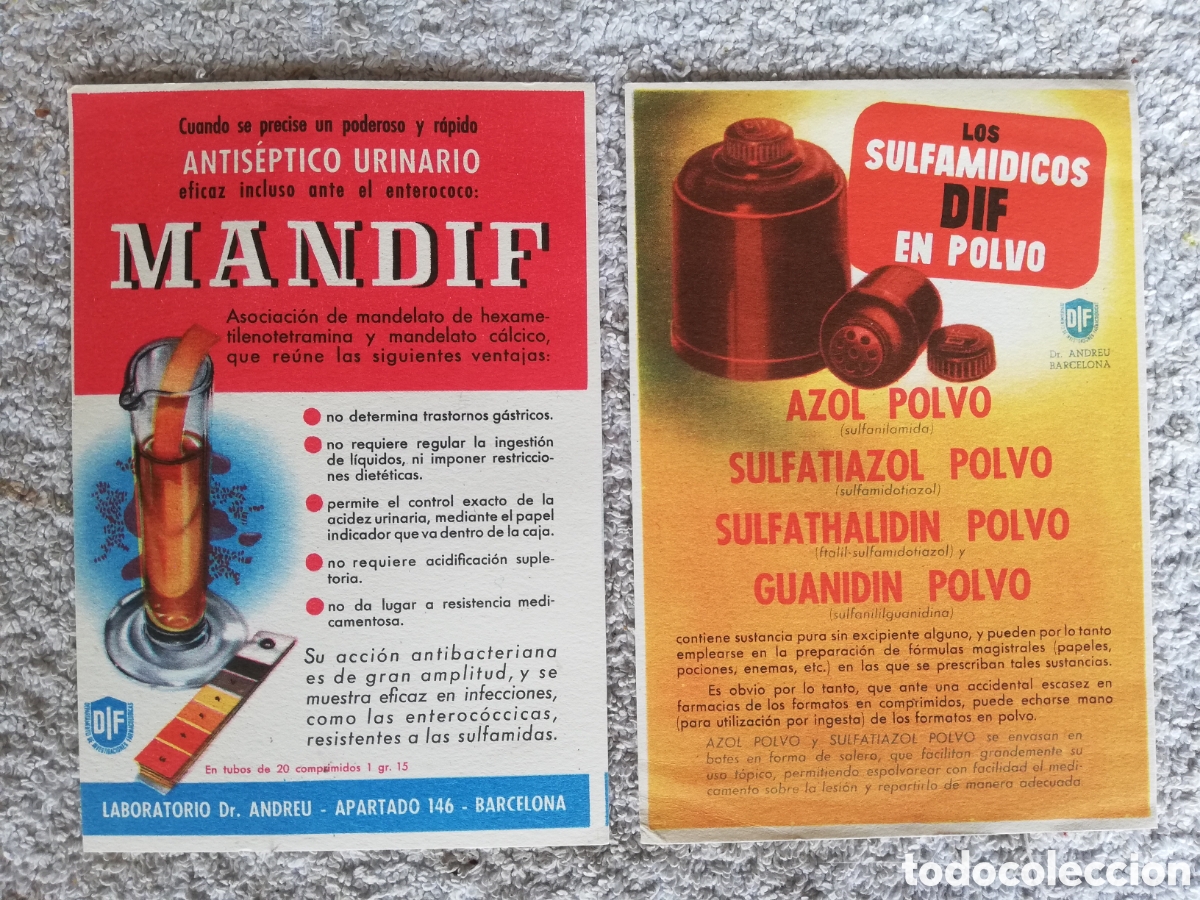 Cataloghi pubblicitari: Publicidad farmacias. Antis&eacute;ptico urinario Mandiff y Sulfam&iacute;dicos Dif en polvo. Tama&ntilde;o postal