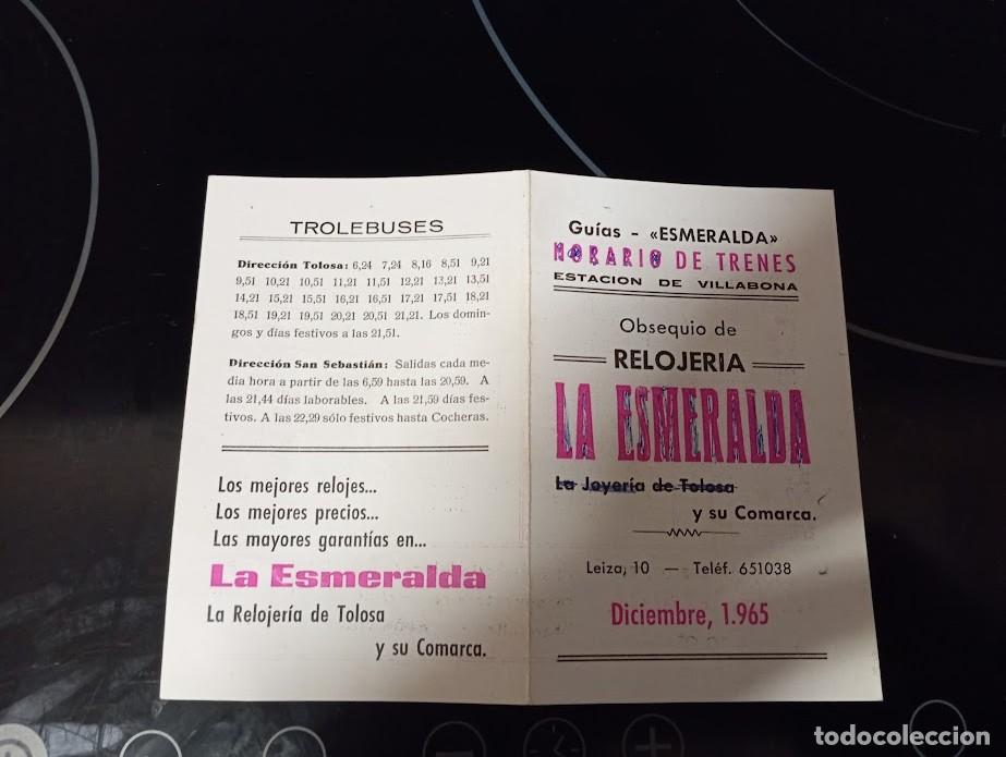 Cat&aacute;logos publicitarios: HORARIO DE TRENES ESTACION VILLABONA GUIPUZCOA 1965 / RELOJERIA LA ESMERALDA TOLOSA