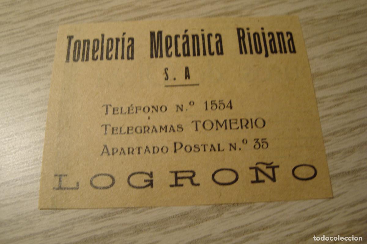 Cat&aacute;logos publicitarios: ANTIGUA PUBLICIDAD TONELERIA MECANICA RIOJANA. LOGRO&Ntilde;O 1938