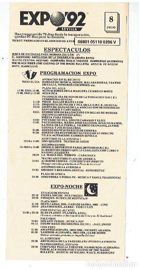 Cat&aacute;logos publicitarios: SEVILLA, EXPO&acute;92. INFORMACI&Oacute;N ESPECT&Aacute;CULOS PARA 8 JULIO 1992.(P/D55)