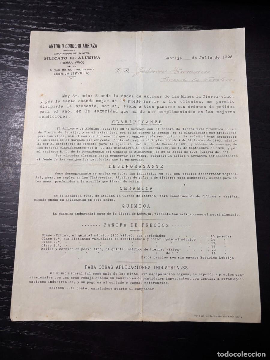 Catalogues publicitaires: LISTA DE PRECIOS. ANTONIO CORDERO ARRIAZA. SILICATO DE ALUMINA. LEBRIJA, 1926