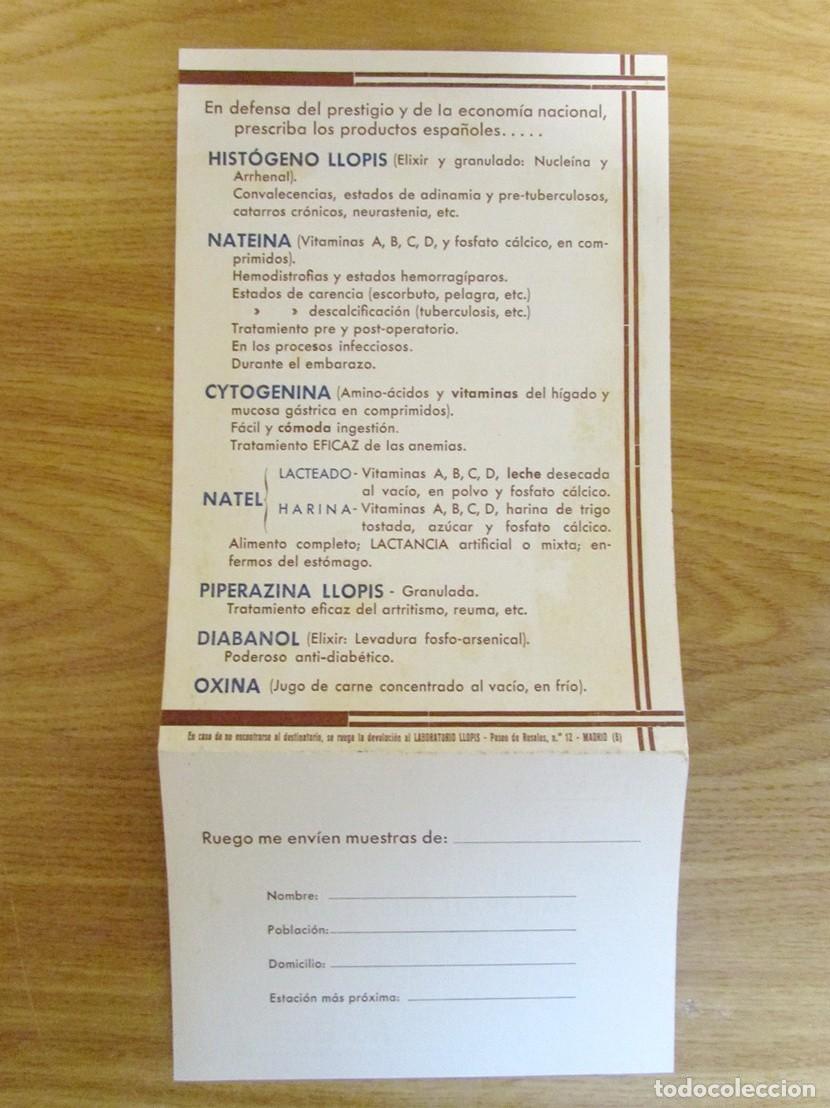 Cataloghi pubblicitari: PUBLICIDAD MEDICINA FARMACIA 1933. LABORATORIOS LLOPIS. 31 X 15 CM . CON IMPRESO PARA MUESTRAS