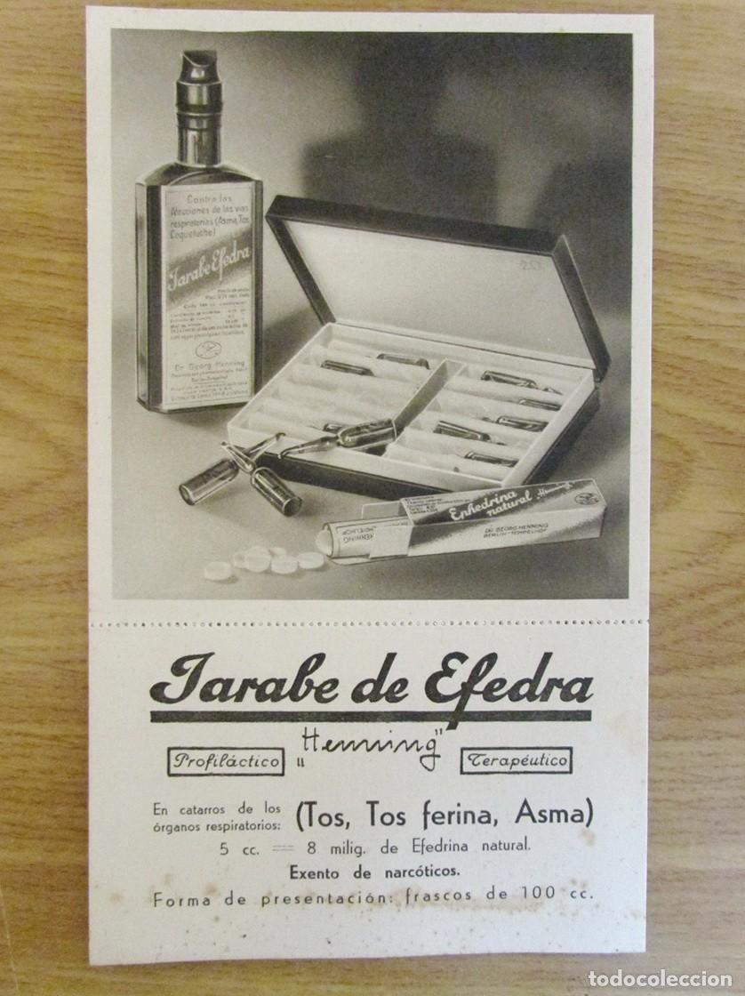 Cataloghi pubblicitari: PUBLICIDAD MEDICINA FARMACIA 1933. JARABE DE EFEDRA HENNING CON IMPRESO PARA MUESTRAS 21 X 12.5