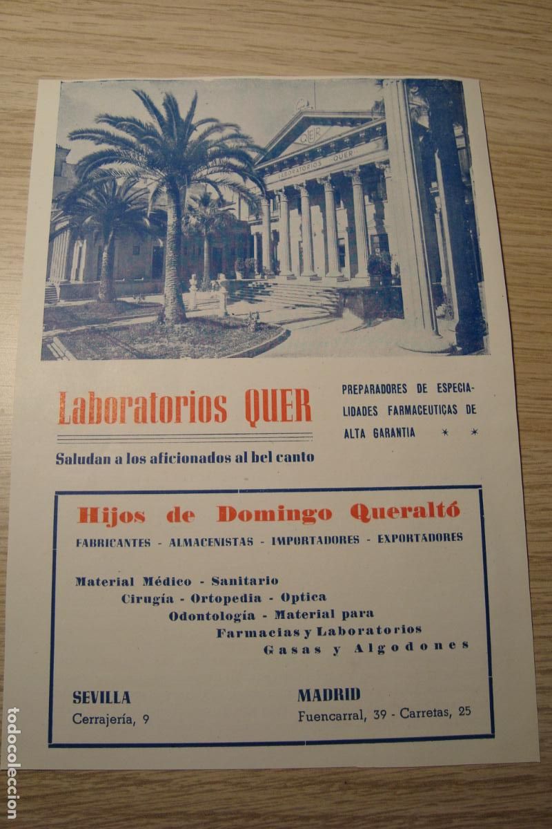 Cataloghi pubblicitari: ANTIGUA PUBLICIDAD LABORATORIOS QUER. HIJOS DE DOMINGO QUERALT&Oacute;. MATERIA FARMACEUTICO A&Ntilde;OS 40