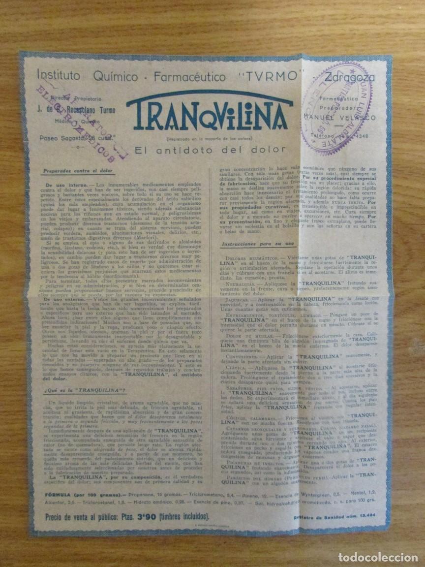 Cat&aacute;logos publicitarios: PUBLICIDAD MEDICINA FARMACIA 1931. PROSPECTO TRANQUILINA. MEDICAMENTO PARA LE DOLOR
