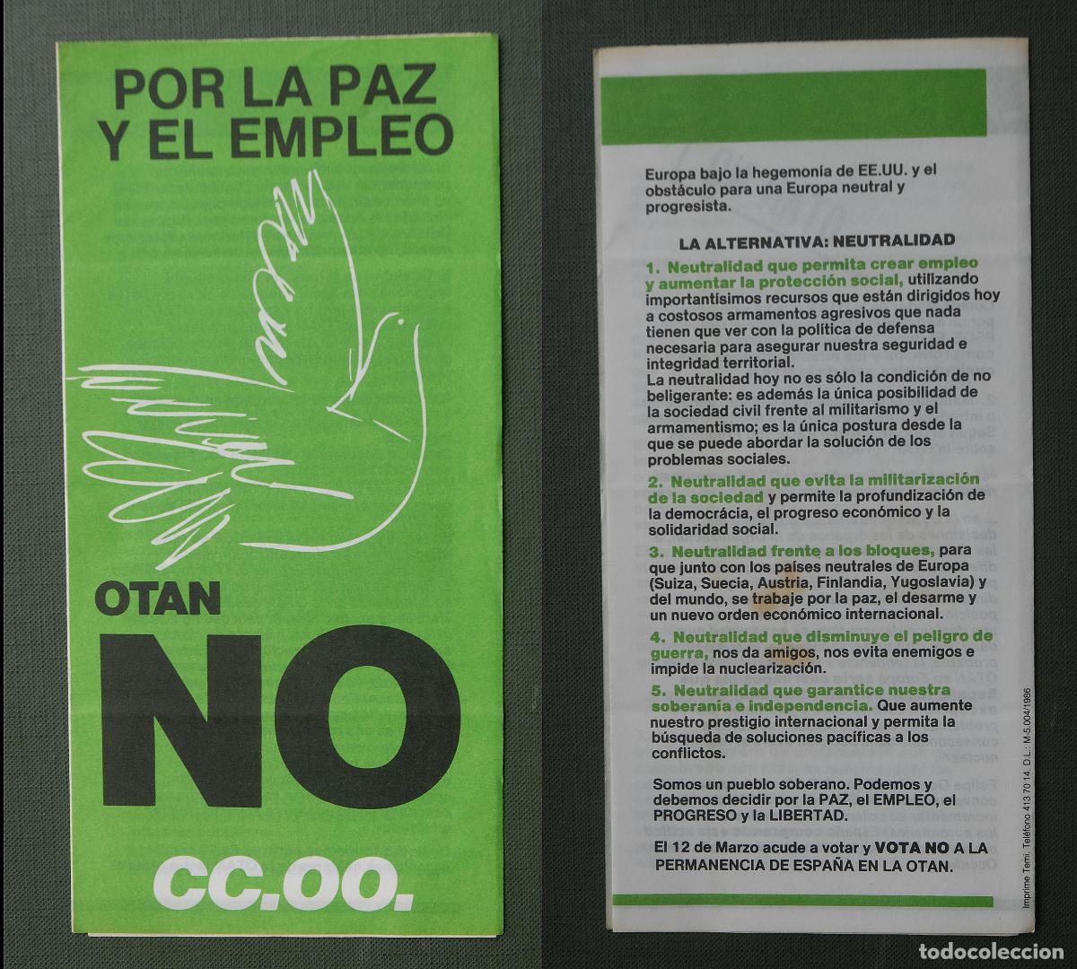 Cat&aacute;logos publicitarios: PASQU&Iacute;N - TR&Iacute;PTICO - Panfleto pol&iacute;tico - CC.OO. - OTAN NO - POR LA PAZ Y EL EMPLEO - 1986