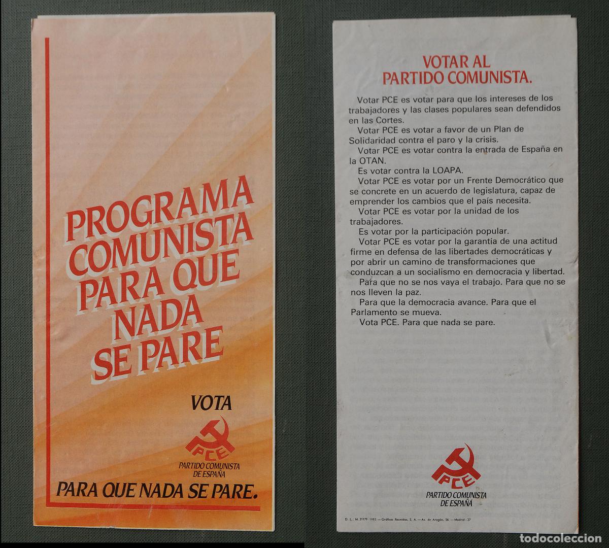 Cat&aacute;logos publicitarios: PASQU&Iacute;N - TR&Iacute;PTICO - Panfleto pol&iacute;tico - 1982 - VOTA PARTIDO COMUNISTA DE ESPA&Ntilde;A PCE