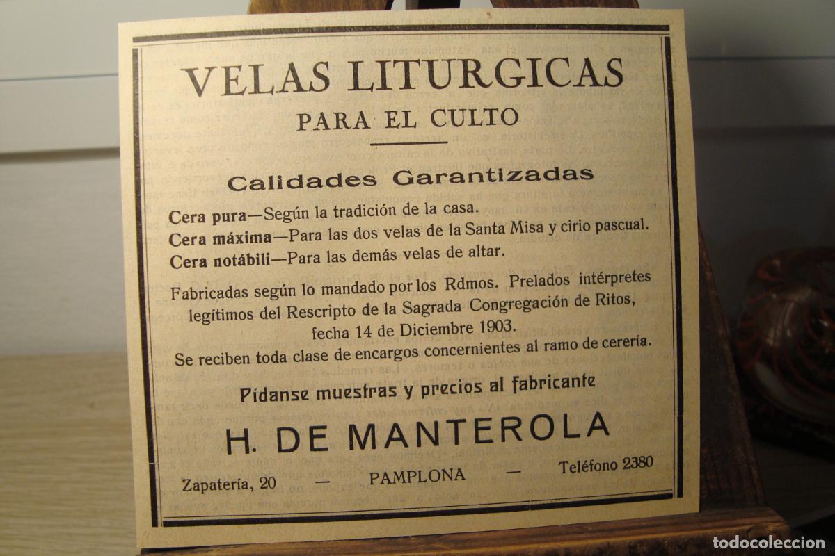 Cat&aacute;logos publicitarios: ANTIGUA PUBLICIDAD VELAS LITURGICAS PARA CULTO. H. DE MANTEROLA. PAMPLONA A&Ntilde;OS 30