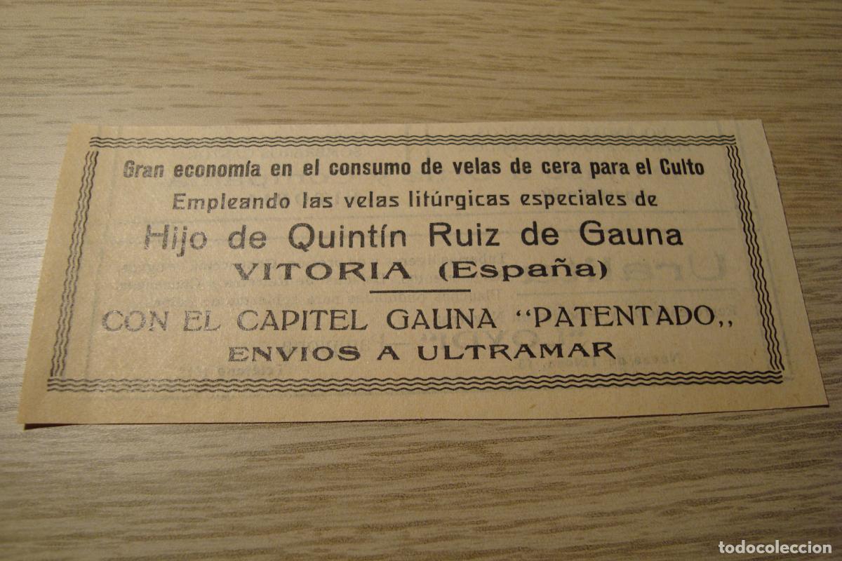 Cat&aacute;logos publicitarios: ANTIGUA PUBLICIDAD HIJO QUINTIN RUIZ DE GAUNA. VELAS DE CERA PARA CULTOS. VITORIA ALAVA
