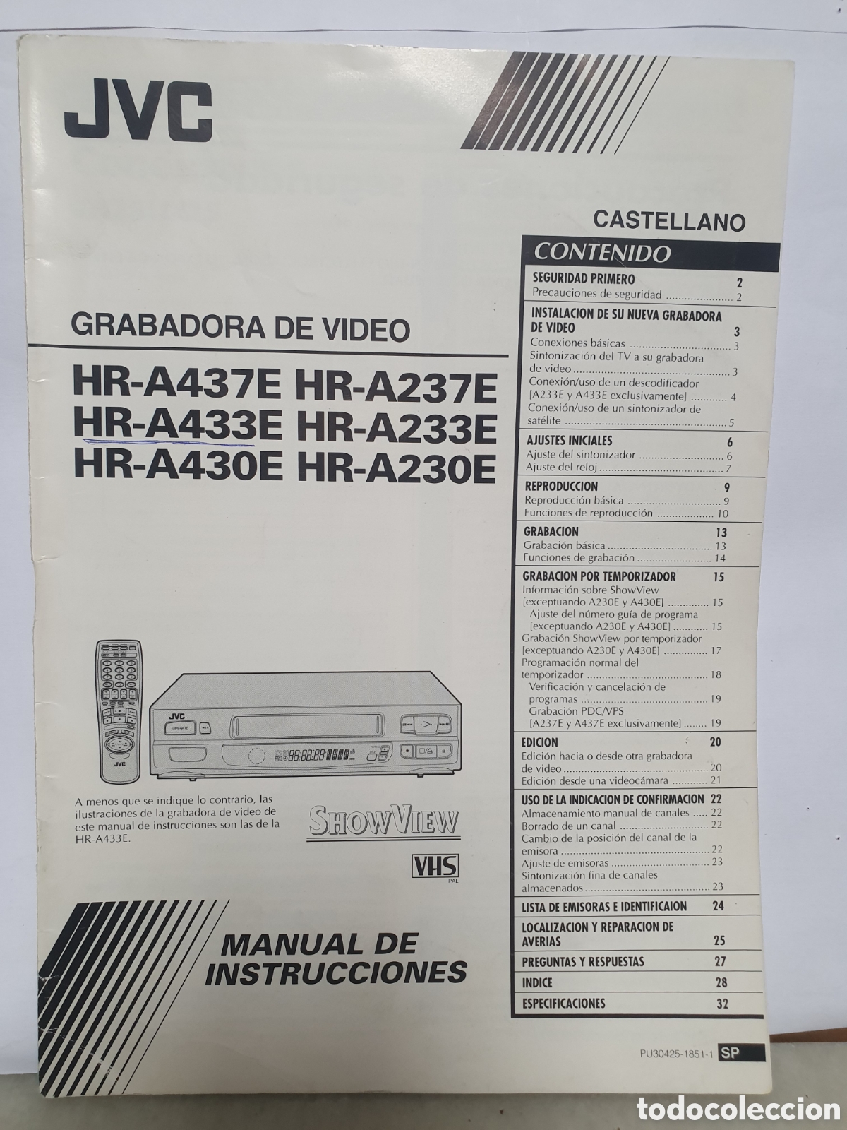 Cat&aacute;logos publicitarios: JVC. GRABADORA DE VIDEO. HR-A433E. MANUAL DE INSTRUCCIONES.
