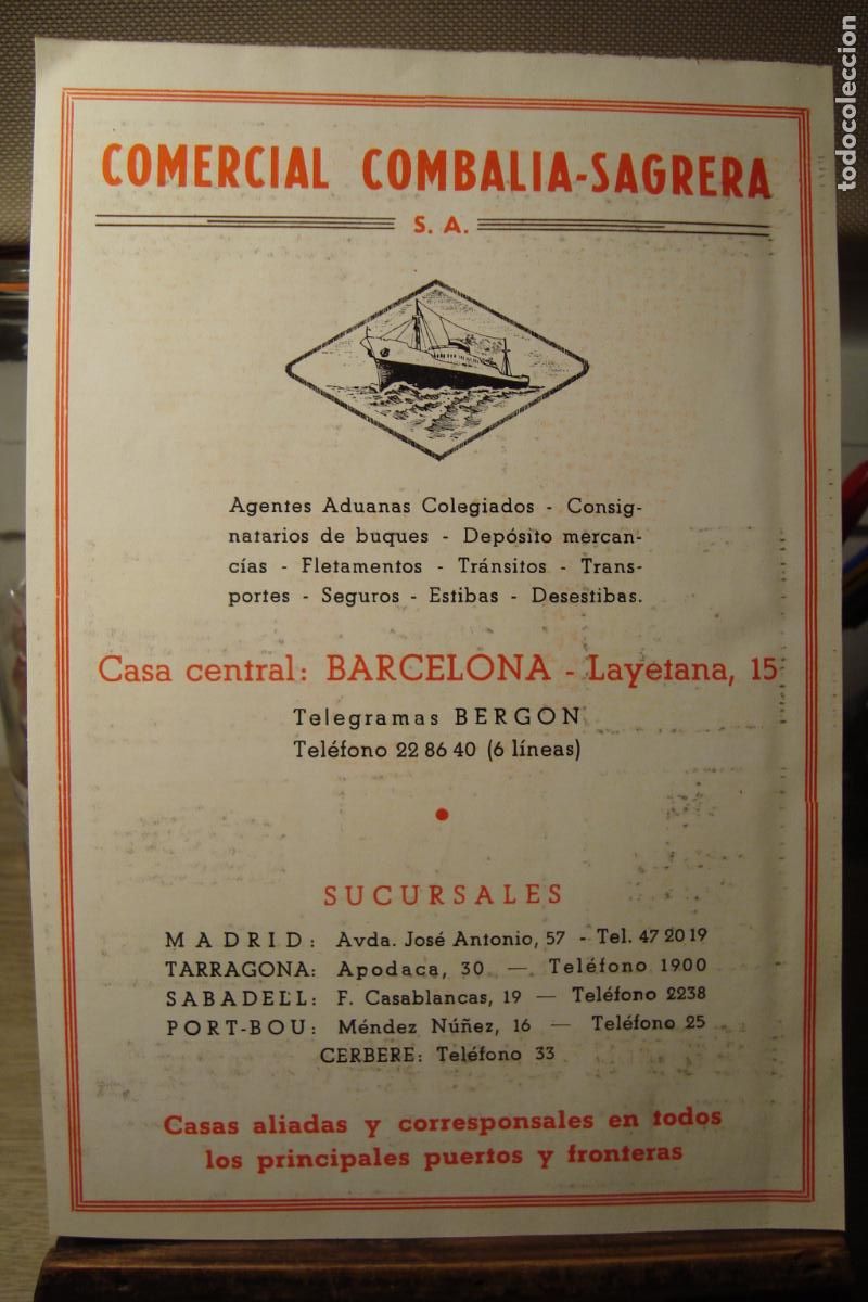 Cat&aacute;logos publicitarios: ANTIGUA PUBLICIDAD COMERCIAL COMBALIA SAGRERA ADUANAS BARCELONA- AYMSA ARNAY Y MATEU 1959