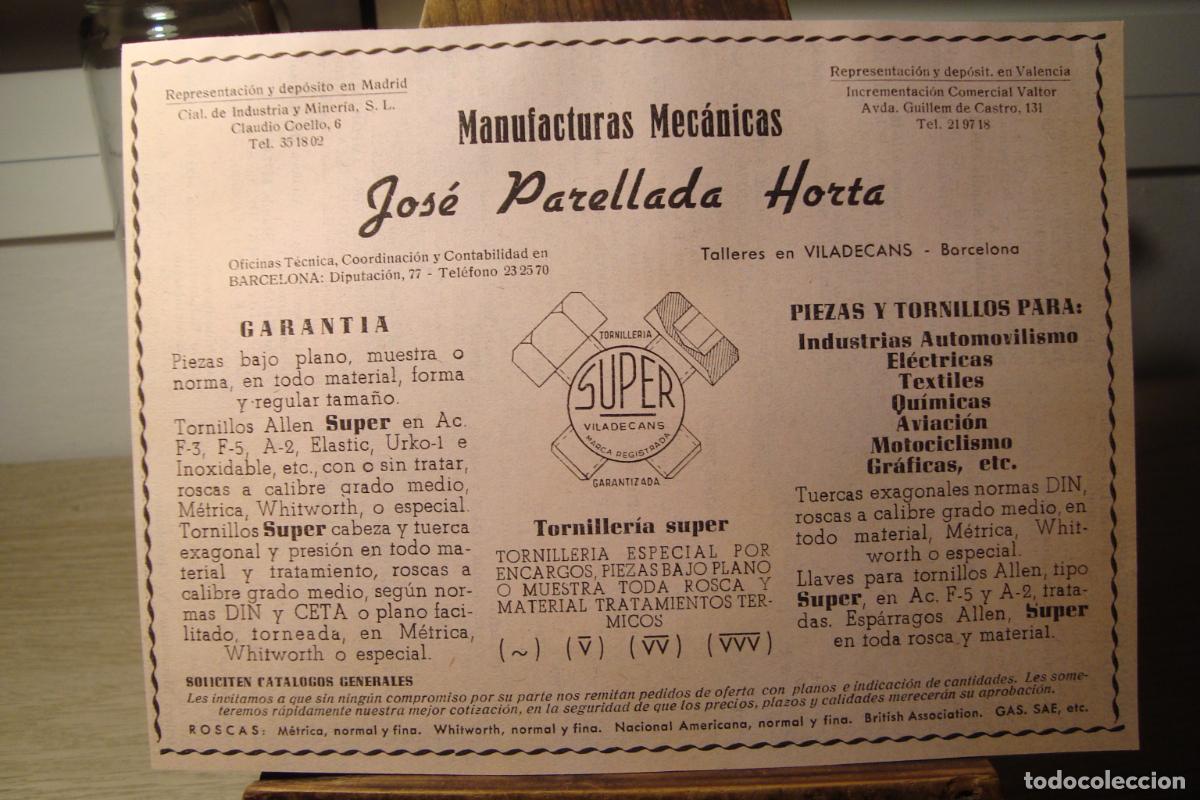 Cat&aacute;logos publicitarios: ANTIGUA PUBLICIDAD MANUFACTURAS MECANICAS JOSE PARELLADA HORTA. VILADECANS BARCELONA 1959