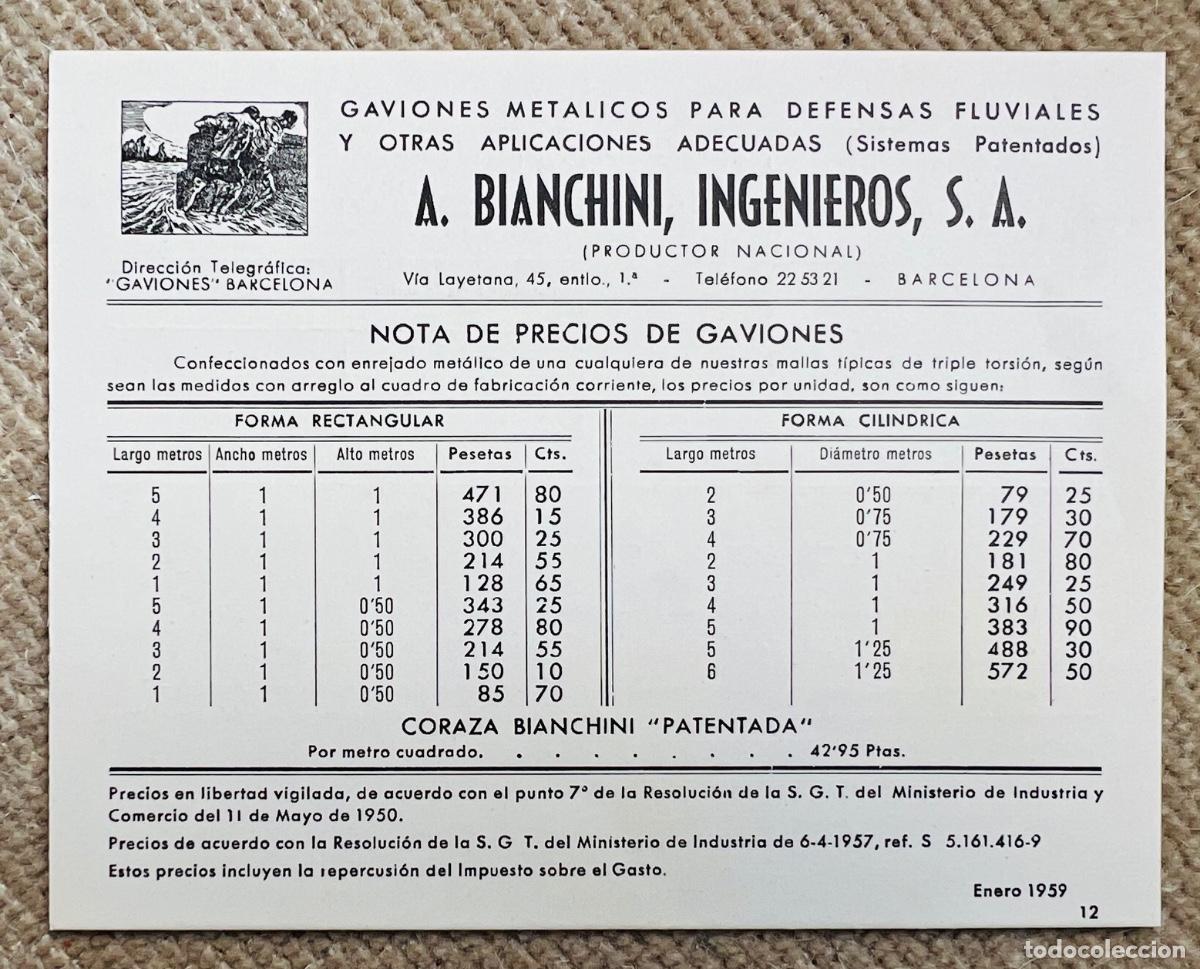 Cat&aacute;logos publicitarios: Tarjeta Nota de precios A. Bianchini Ingenieros (1959) - Gaviones met&aacute;licos defensas fluviales