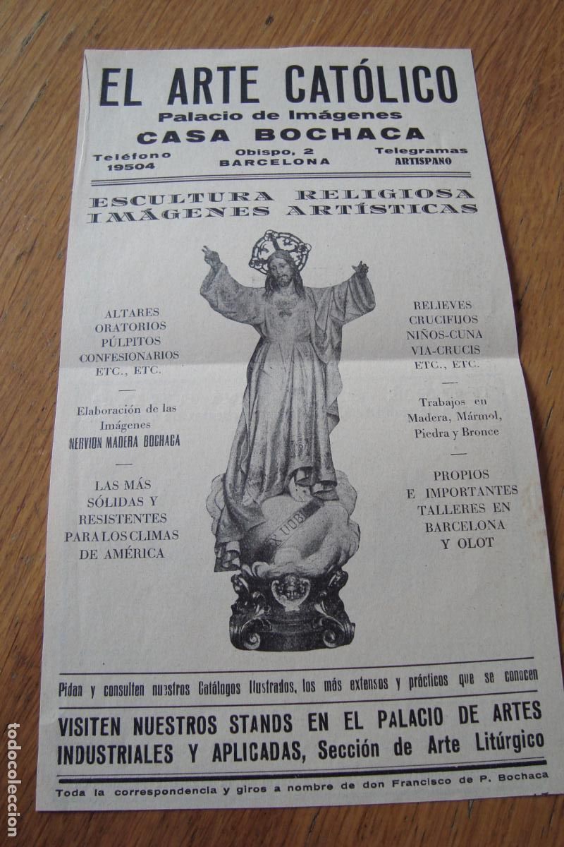 Cat&aacute;logos publicitarios: ANTIGUA PUBLICIDAD CASA BOCHACA ARTE CATOLICO - JOSE CA&Ntilde;AMERAS FABRICA FUMISTERIA BARCELONA 1929