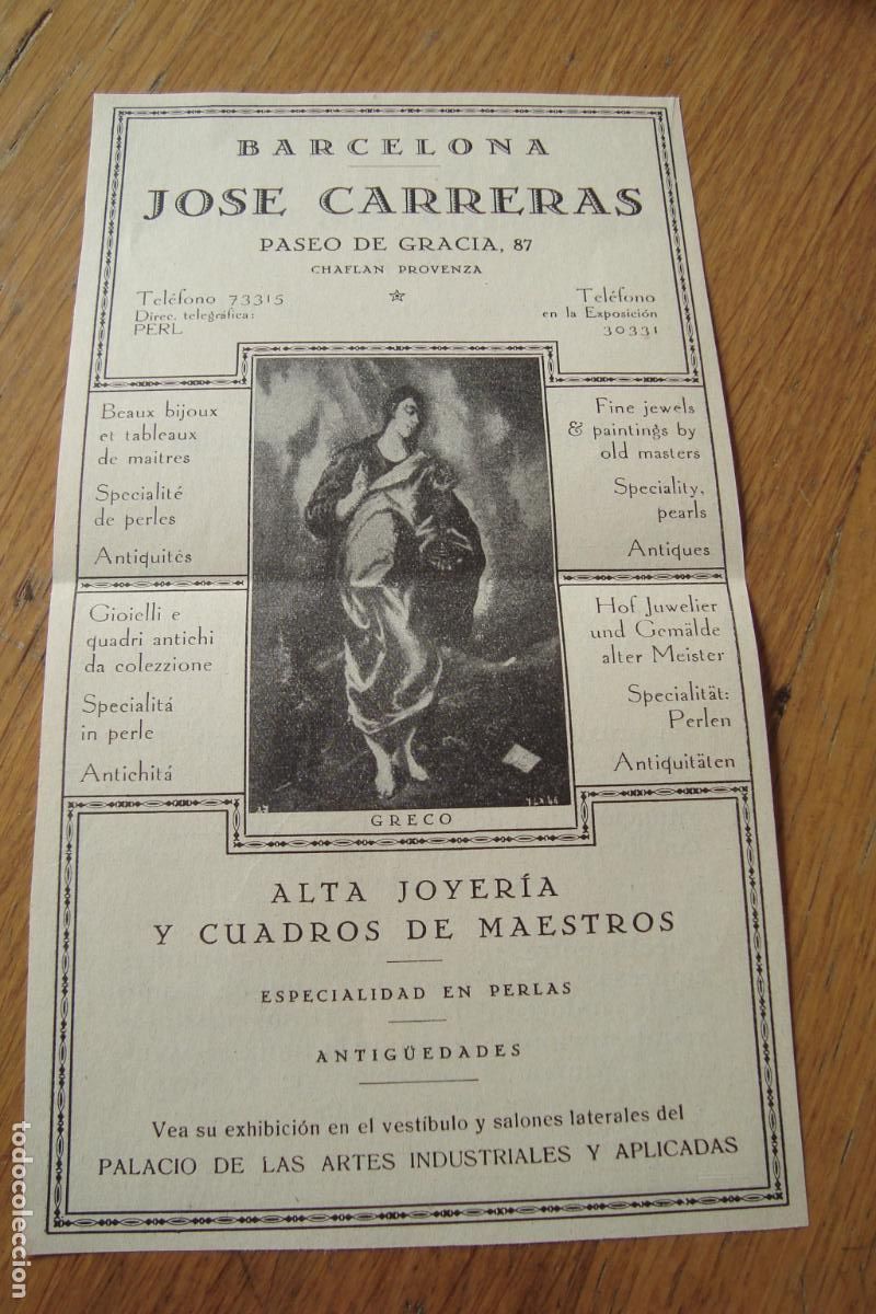 Cat&aacute;logos publicitarios: ANTIGUA PUBLICIDAD JOSE CARRERAS ALTA JOYERIA CUADROS - CARBONES DE BERGA S,A BARCELONA 1929