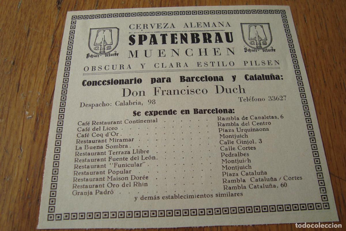 Cat&aacute;logos publicitarios: ANTIGUA PUBLICIDAD CERVEZA ALEMANA GERMAN BEER SPATENBRAU MUENCHEN. FRANCISCO DUCH BARCELONA