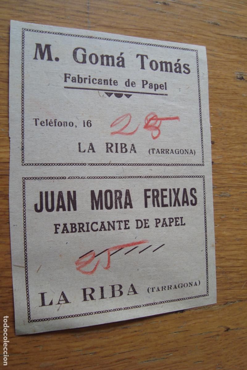 Cat&aacute;logos publicitarios: ANTIGUA PUBLICIDAD GOM&Aacute; TOM&Aacute;S - JUAN MORA FREIXAS PAPEL LA RIBA TARRAGONA- CAMISERIA ALSINA 1940