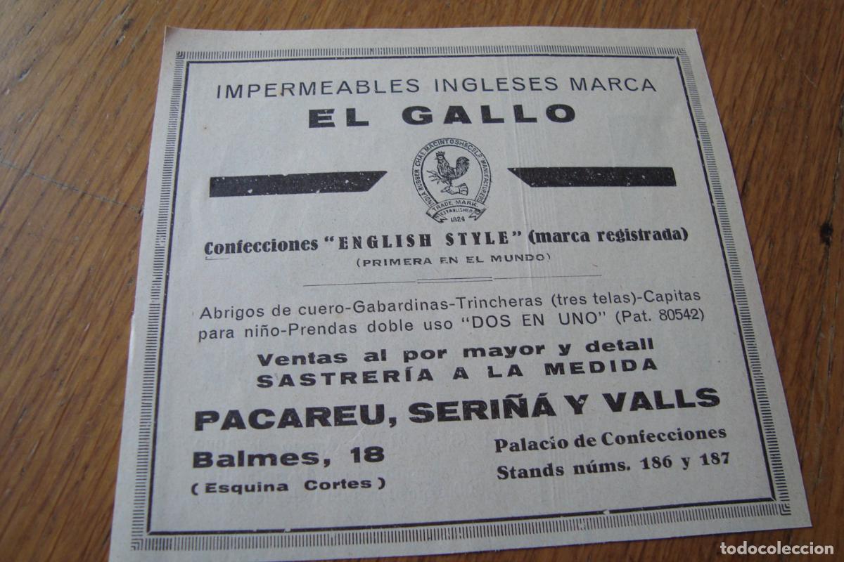 Cat&aacute;logos publicitarios: ANTIGUA PUBLICIDAD IMPERMEABLES EL GALLO. PACAREU SERI&Ntilde;A Y VALLS. BARCELONA 1929