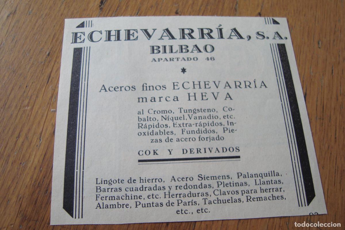 Cat&aacute;logos publicitarios: ANTIGUA PUBLICIDAD ECHEVARRIA S.A ACEROS MARCA HEVA BILBAO-CEREGUMIL 1929