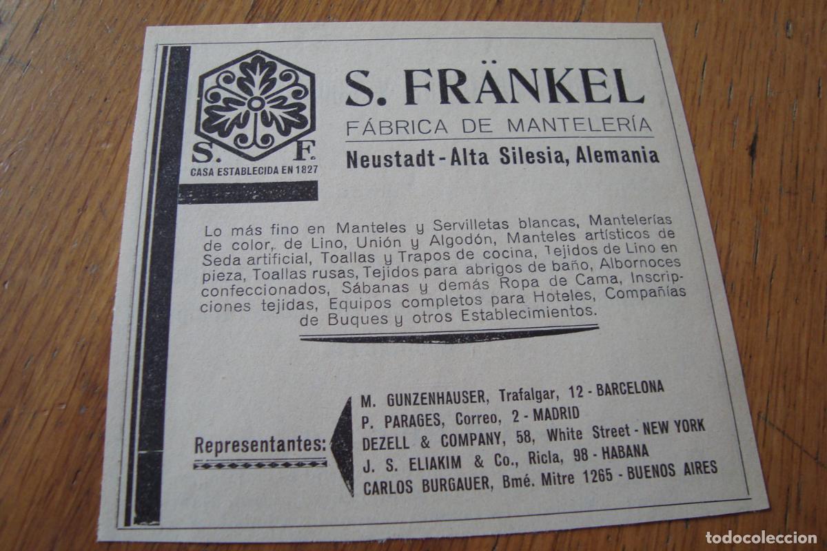 Cat&aacute;logos publicitarios: ANTIGUA PUBLICIDAD S. FRANKEL FABRICA MANTELERIA BARCELONA 1929