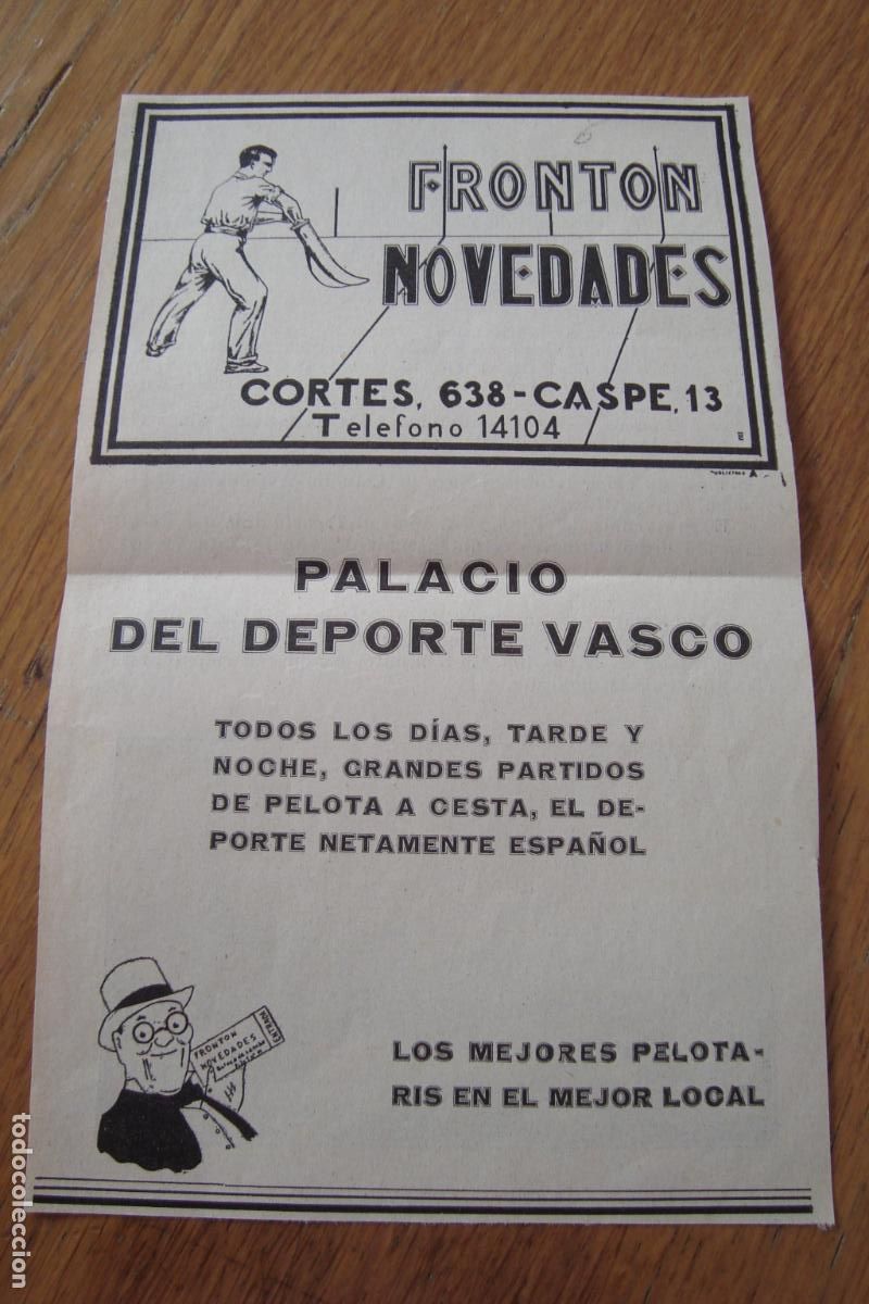 Werbekataloge: ANTIGUA PUBLICIDAD FRONTON NOVEDADES PALACIO DEPORTE VASCO BARCELONA 1929