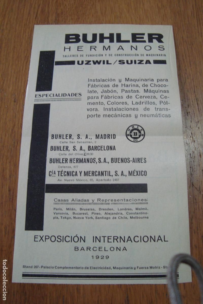 Catalogues publicitaires: ANTIGUA PUBLICIDAD BUHLER HERMANOS MAQUINARIA UZWIL SUIZA - BASSO & WEISSE BARCELONA 1929