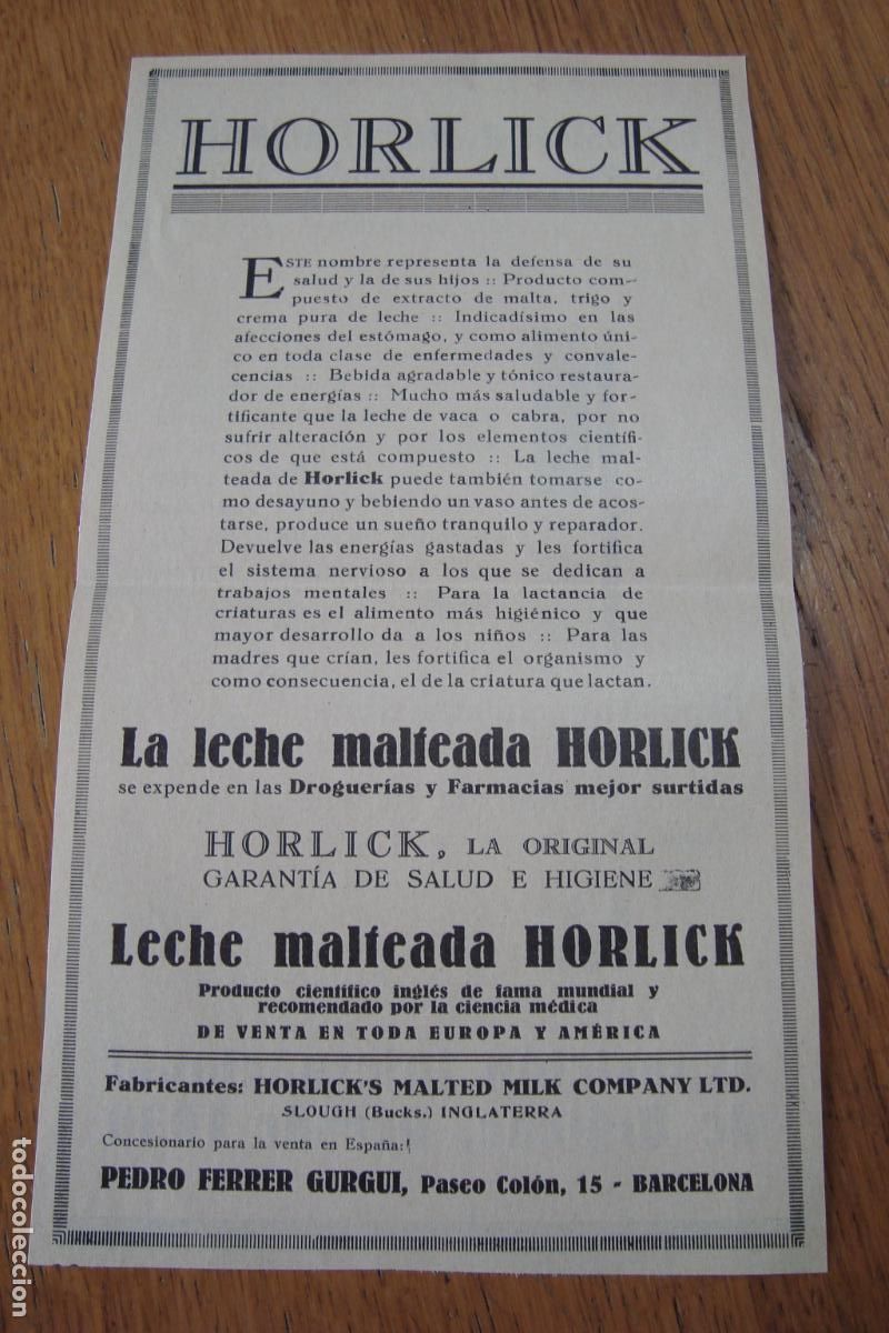 Catalogues publicitaires: ANTIGUA PUBLICIDAD LECHE MALTEADA HORLICK. PEDRO FERRER GURGUI. BARCELONA 1929