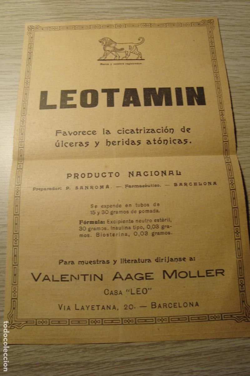 Werbekataloge: ANTIGUA PUBLICIDAD LEOTAMIN CICATRIZANTE. P.SANROMA FARMACEUTICO. VALENTIN AAGE MOLLER BARCELONA