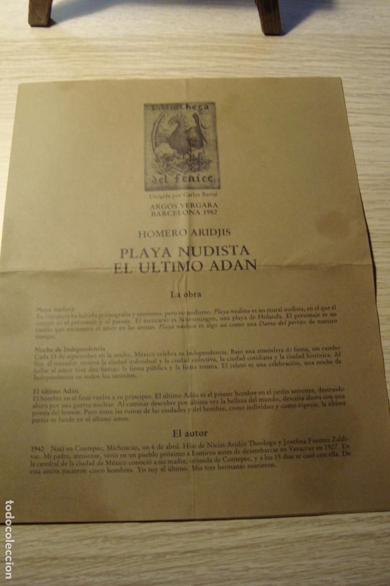 Cat&aacute;logos publicitarios: ANTIGUO DIPTICO BIBLIOTECA DEL FENICE. CARLOS BARRAL-HOMERO ARIDJIS. PLAYA NUDISTA ULTIMO ADAN 1982