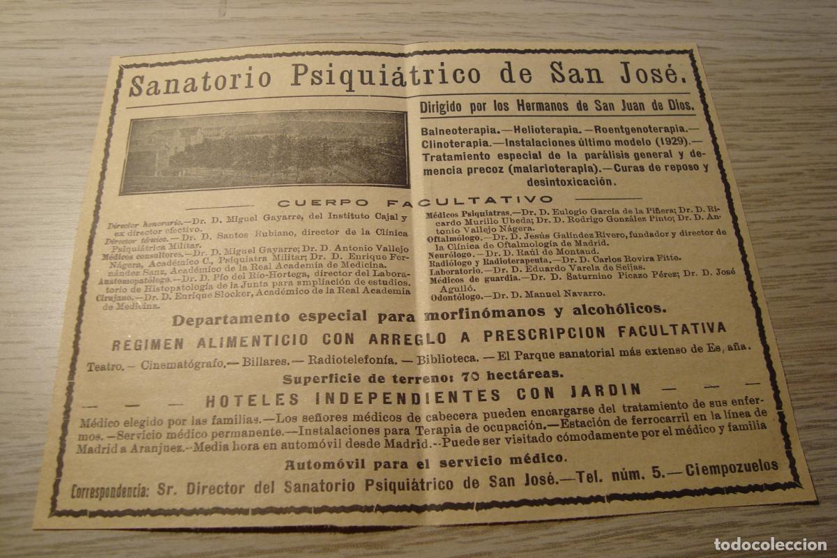 Werbekataloge: ANTIGUA PUBLICIDAD SANATORIO PSIQUIATRICO DE SAN JOSE. CIEMPOZUELOS MADRID A&Ntilde;OS 30