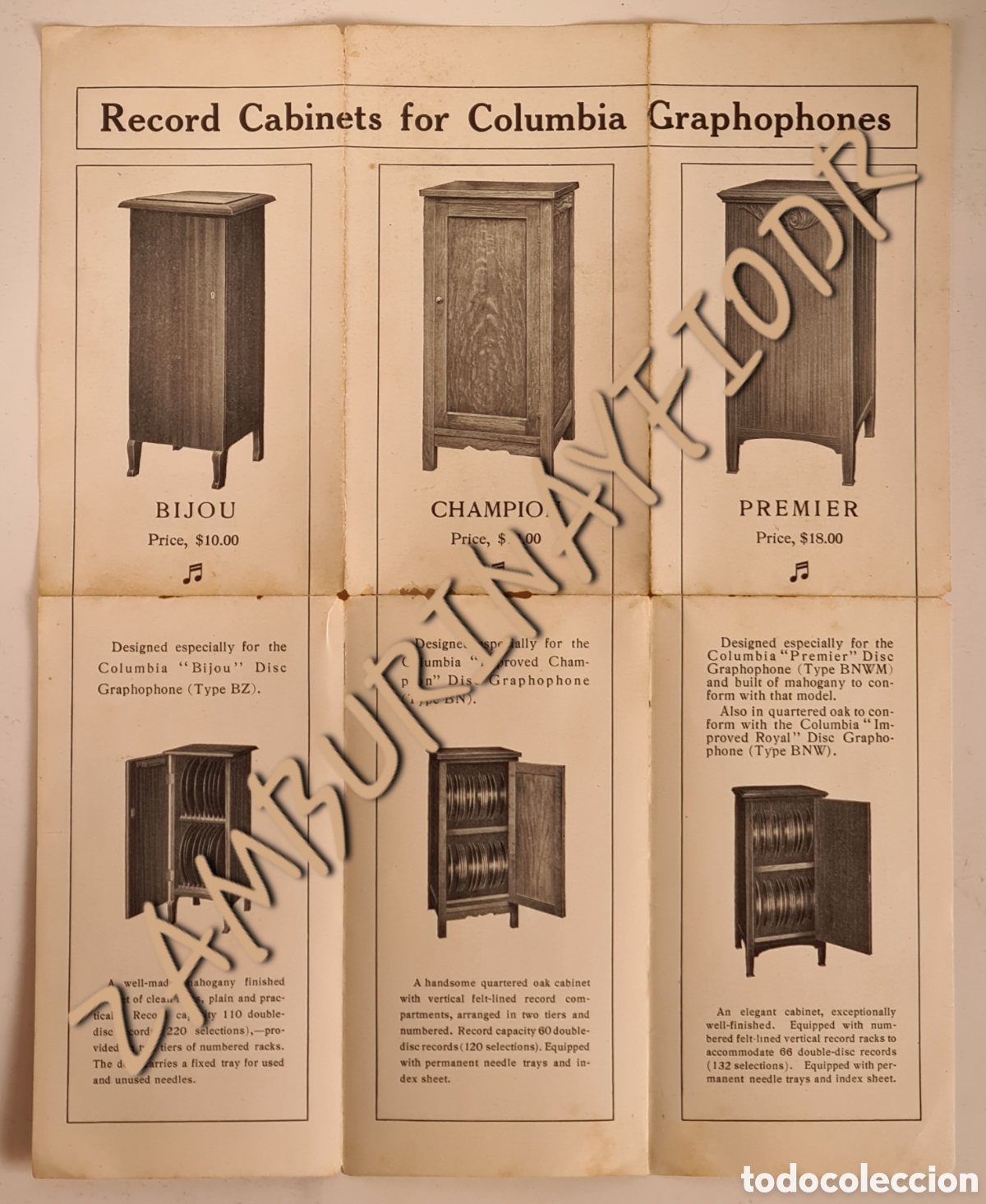 Cat&aacute;logos publicit&aacute;rios: Antiguo Folleto Cat&aacute;logo Record Cabinets for Columbia Graphophones NY USA M&uacute;sica Publicidad Muebles
