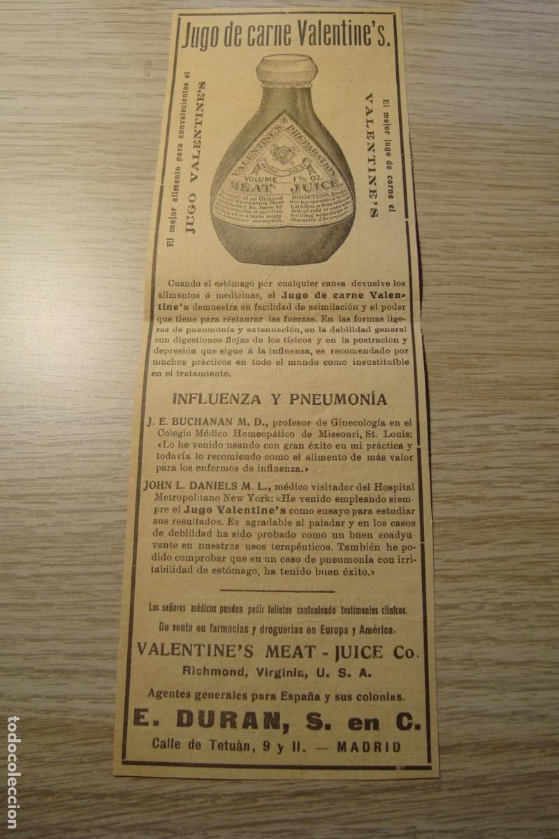 Werbekataloge: ANTIGUA PUBLICIDAD JUGO CARNE VALENTINE'S MEAT JUICE RICHMOND USA. E.DURAN MADRID