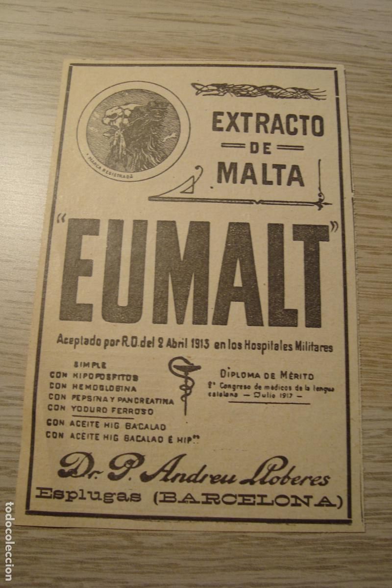 Werbekataloge: ANTIGUA PUBLICIDAD EXTRACTO MALTA EUMALT DR. P. ANDREU LLOBERES ESPLUGAS BARCELONA